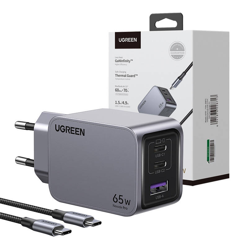 Wall charger Ugreen Nexode Pro, USB + 2x USB-C, 65W + USB-C cable 1.5m (black) Wall charger Ugreen Nexode Pro, USB + 2x USB-C, 65W + USB-C cable 1.5m (black)