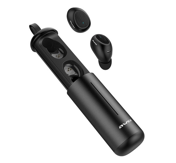Awei T55 bluetooth fülhallgató SZTEREO (v5.0, TWS, mikrofon, vízálló, zajszűrő, extra mini + töltőtok) FEKETE (T55_B)