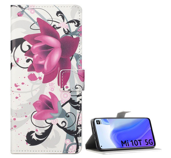 Tok álló, bőr hatású (FLIP, oldalra nyíló, asztali tartó funkció, lótuszvirág minta) FEHÉR [Xiaomi Mi 10T Pro 5G]