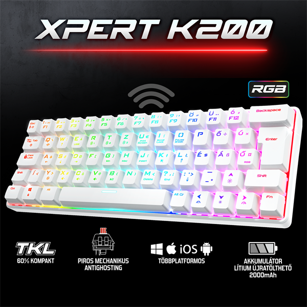 Spirit of Gamer  XPERT K200 White   TKL  SOG red RGB LED USB Billentyűzet Mechanikus Fehér HU