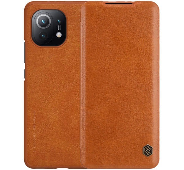 NILLKIN QIN tok álló, bőr hatású (FLIP, oldalra nyíló, bankkártya tartó) BARNA [Xiaomi Mi 11 5G]
