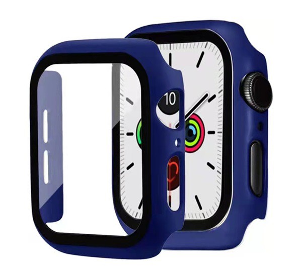 Műanyag keret (BUMPER, ütésálló + kijelzővédő üveg) SÖTÉTKÉK [Apple Watch Series 7 45mm]
