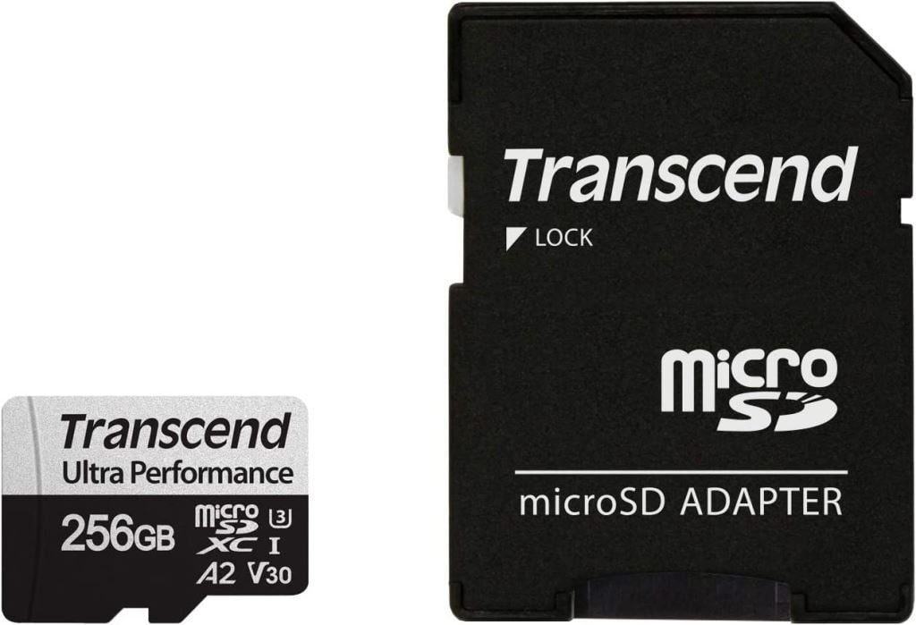 Transcend 256GB microSDXC USD340S Class 10 U3 V30 A2 + adapterrel Memóriakártya Transcend 256GB microSDXC USD340S Class 10 U3 V30 A2 + adapterrel Memóriakártya
