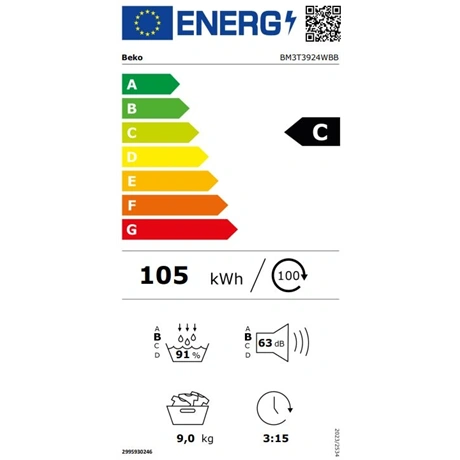Beko BM3T3924WBB Hőszivattyús szárítógép Fehér/Fekete - 9 kg, C energiaosztály