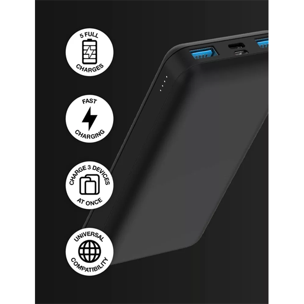 JUICE UNIVERZÁLIS HORDOZHATÓ, ASZTALI AKKUMULÁTOR TÖLTŐ - ECO 5 POWER BANK - 2XUSB +TYPE-C - 15.000 MAH - FEKETE