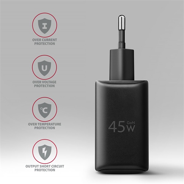 AXAGON ACU-PQ45 QC3.0,4.0/AFC/FCP/PPS/Apple + PD type-C 45W fekete töltő AXAGON ACU-PQ45 QC3.0,4.0/AFC/FCP/PPS/Apple + PD type-C 45W fekete töltő