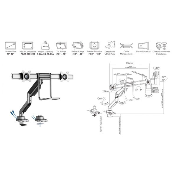 Equip  650161  17"-32" 2 monitor dönthető forgatható Max.: 2x9kg  Monitor Asztali konzol  fekete/ezüst 