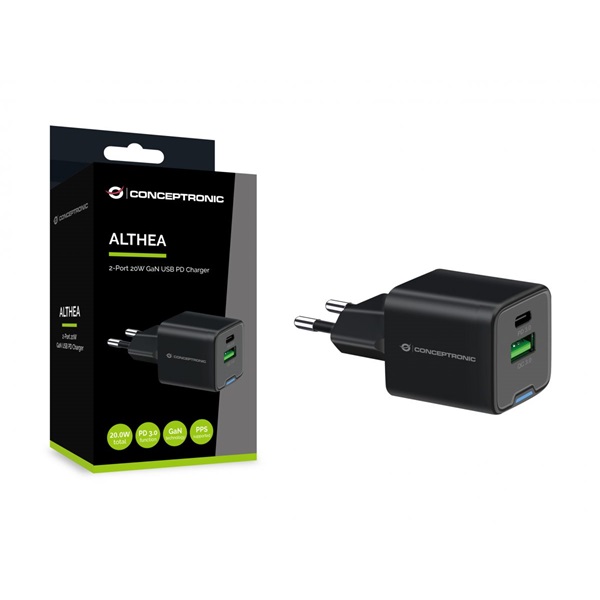 Conceptronic ALTHEA15B USB-C+USB-A 20W telefon töltő adapter Fekete Conceptronic ALTHEA15B USB-C+USB-A 20W telefon töltő adapter Fekete
