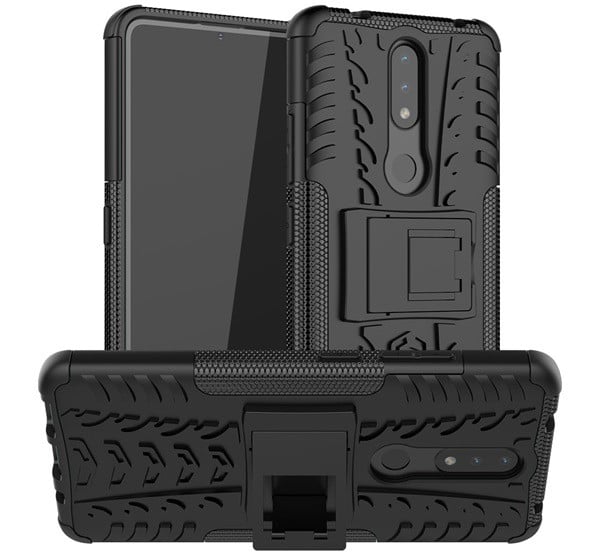 Defender műanyag telefonvédő (közepesen ütésálló, szilikon belső, kitámasztó, autógumi minta) FEKETE [Nokia 2.4]