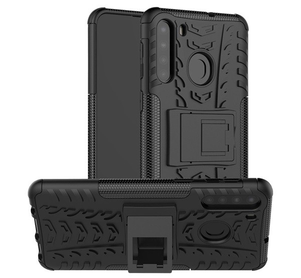Defender műanyag telefonvédő (közepesen ütésálló, szilikon belső, kitámasztó, autógumi minta) FEKETE [Samsung Galaxy A21 (SM-A210F)]