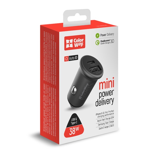 COLORWAY  CW-CHA029PD-GR 2xUSB (Type-C PD20W + USB QC3.0 ) (38W) Autós töltő Szürke