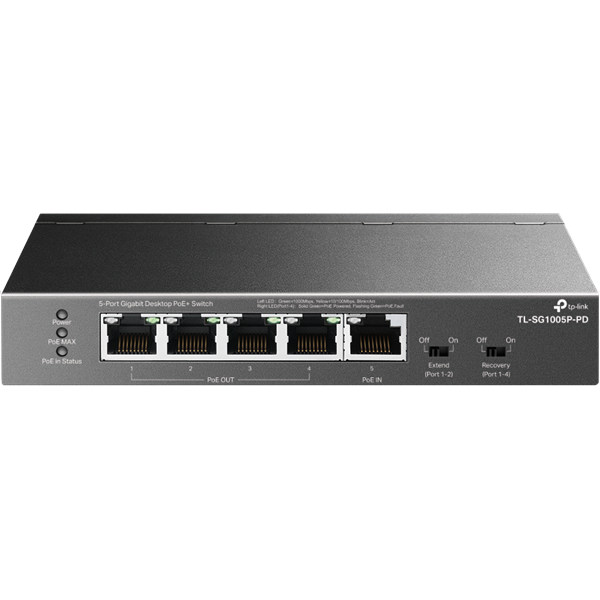 TP-LINK Switch 5x1000Mbps(1xPOE++/4xPOE+) Fémházas, TL-SG1005P-PD