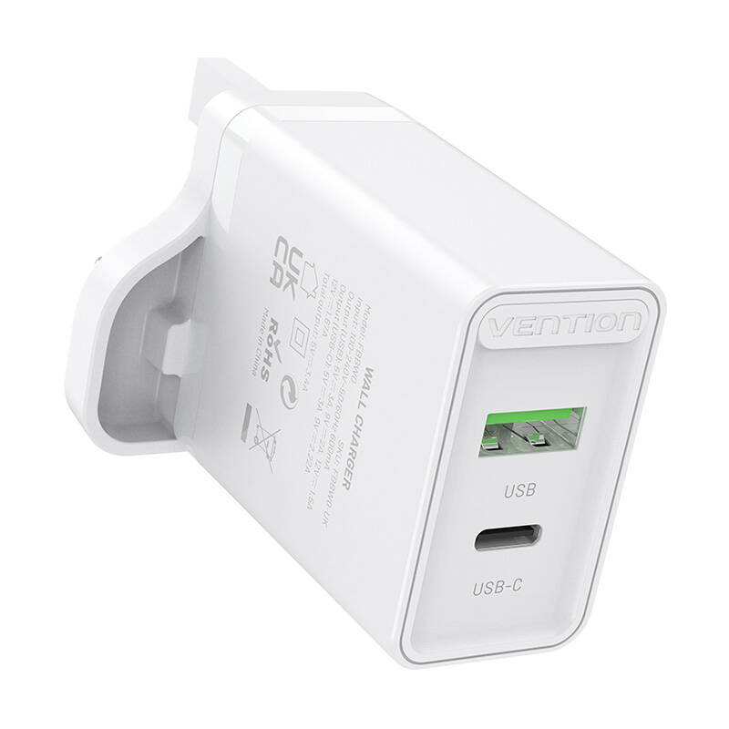 USB(A+C) Wall Charger Vention FBBW0-UK (18W/20W) UK White USB(A+C) Wall Charger Vention FBBW0-UK (18W/20W) UK White