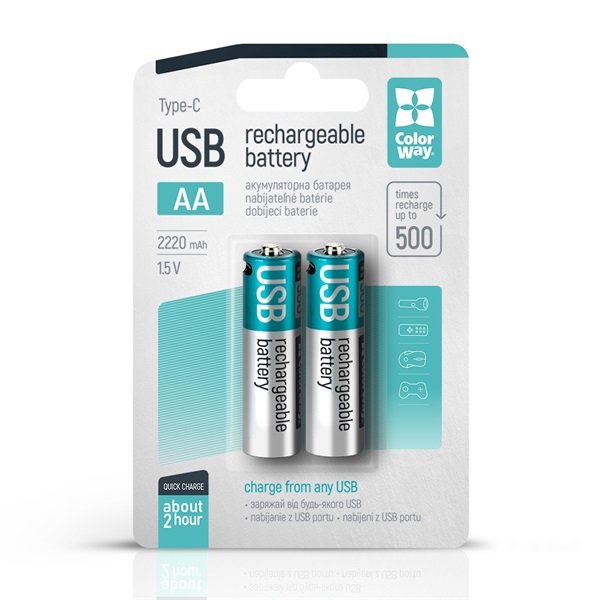 COLORWAY CW-UBAA-10 AA újratölhető elem, USB-C 2200 mAh 1.5B (Li-Polymer) (2pc.) COLORWAY CW-UBAA-10 AA újratölhető elem, USB-C 2200 mAh 1.5B (Li-Polymer) (2pc.)