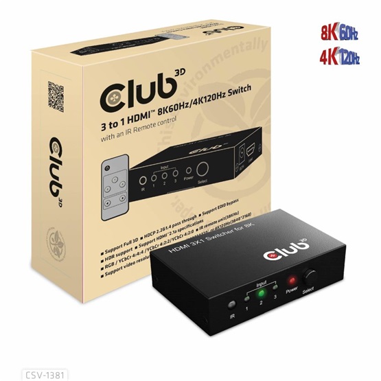 Club3D 3 to 1 HDMI 8K60Hz/4K120Hz Switch Fekete