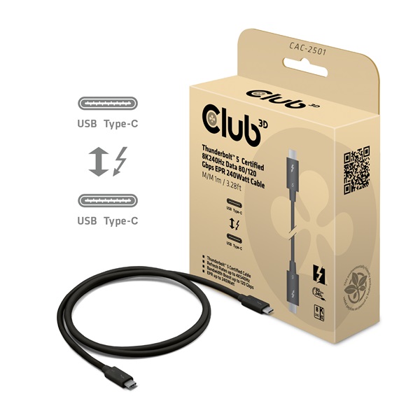 Club 3D CAC-2501  Thunderbolt 5 USB-C to USB-C  240W 80/120 Gbps EPR  8K240Hz  1m Kábel  