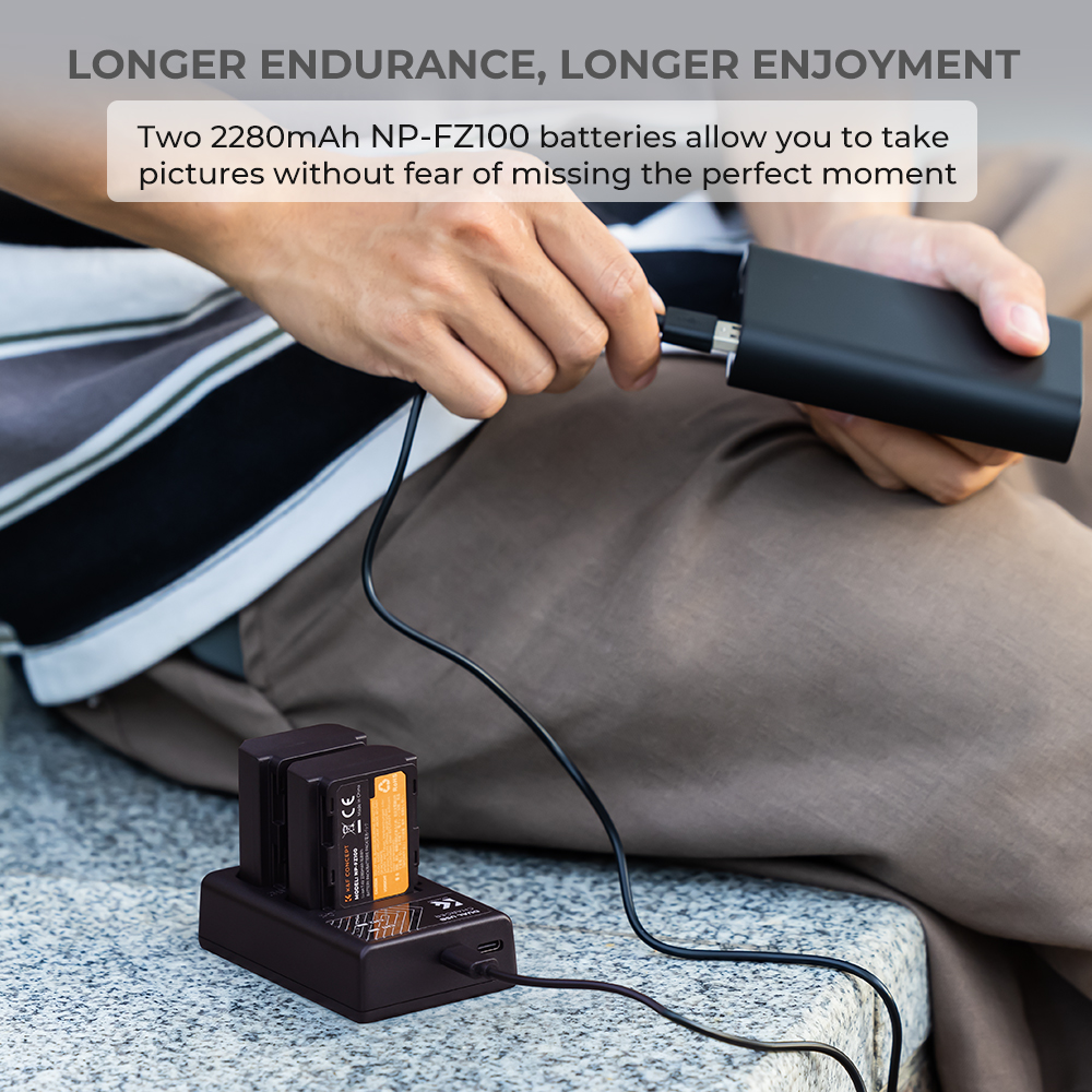 K&F Concept hordozható dupla USB-C akkumulátor BC-QZ1 töltő + 2db FZ100 akkumulátor 2280mAh