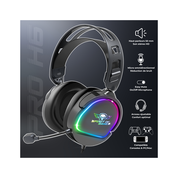 Spirit of Gamer Fejhallgató - PRO-H6 RGB Black (MultiPlatform, mikrofon, 3.5mm jack, hangerőszabályzó, 2m kábel, fekete)