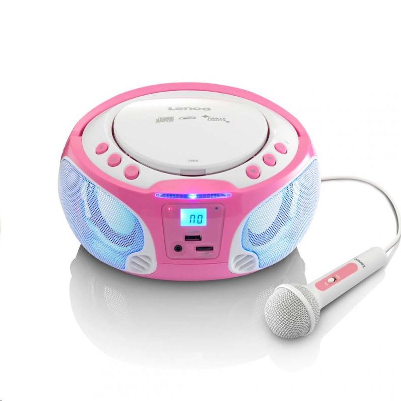Lenco SCD-650PK hordozható rádiós CD/MP3/USB lejátszó party fénnyel és mikrofonnal pink