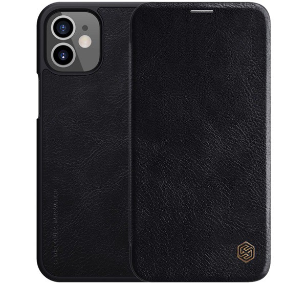 NILLKIN QIN tok álló, bőr hatású (FLIP, oldalra nyíló, bankkártya tartó) FEKETE [Apple iPhone 12 mini]