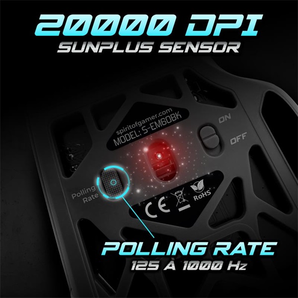 Spirit of Gamer ELITE-M60 Optikai  20000 DPI  1000Hz  9 programozható gomb  RGB  vezetékes Egér Fekete