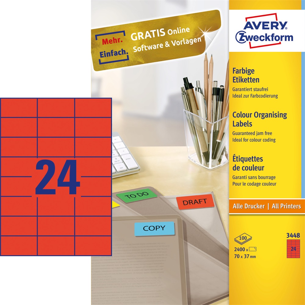 Avery Etikett címke, 70 x37mm, univerzális, 24 címke/ív, 100 ív/doboz,  piros (3448)