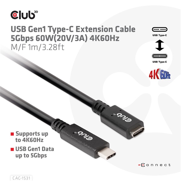 Club3D Kábel -  (USB-C Gen 1 to USB-C, 5Gbps, 60W, 4K60Hz, M/F, 1m) (CAC-1531)