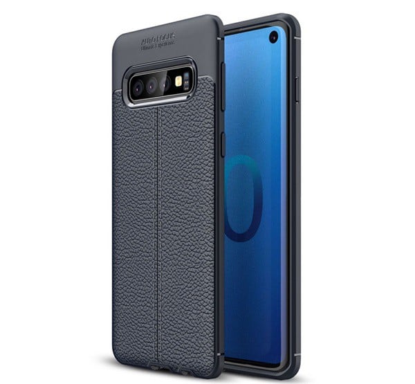 Szilikon telefonvédő (közepesen ütésálló, bőr hatású, varrás minta) SÖTÉTKÉK [Samsung Galaxy S10 (SM-G973)]