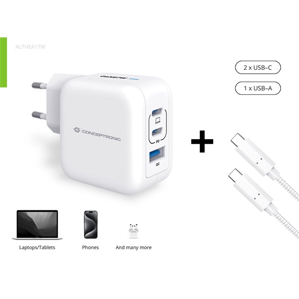 Conceptronic  ALTHEA17W 2xUSB-C+USB-A 67W  USB-C töltő kábel telefon töltő adapter+kábel Fehér