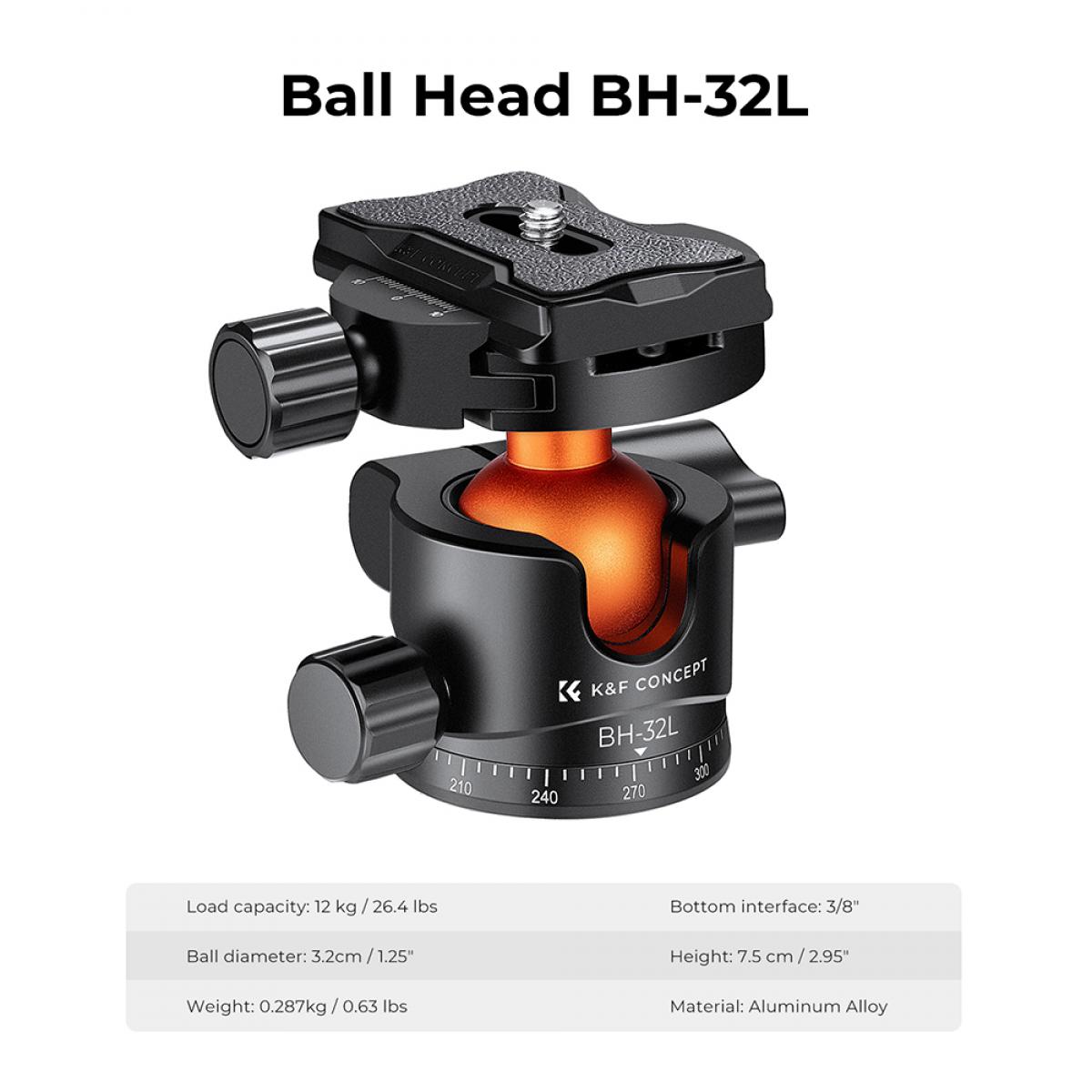 K&F Concept BH-32L állvány gömbfej, 32mm, 12kg teherbírás, vízmérték, arca swiss, 3/8"-1/4"