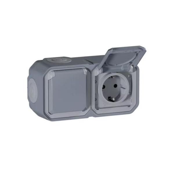 Legrand Plexo 55 falon kívüli 2x2P+F elővezetékezett vízszintes csatlakozóaljzat csapófedéllel összeszerelt Szürke