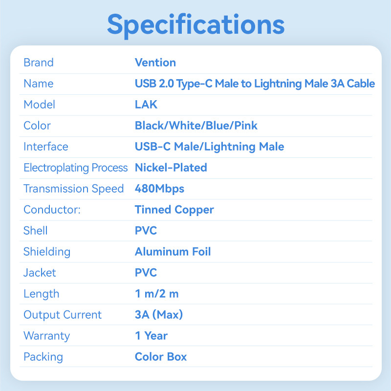Vention USB-C 2.0 -> Lightning 3A 1m  kábel Fehér