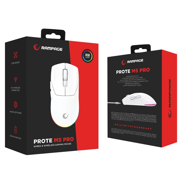 Rampage PROTE M5 PRO  Pixart PAW3395 Vezeték Nélküli Egér  Fehér 