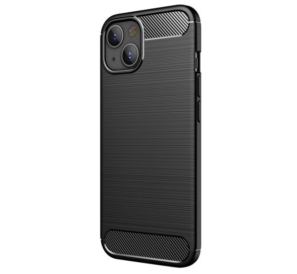 Szilikon telefonvédő (közepesen ütésálló, légpárnás sarok, szálcsiszolt, karbon minta) FEKETE [Apple iPhone 13]