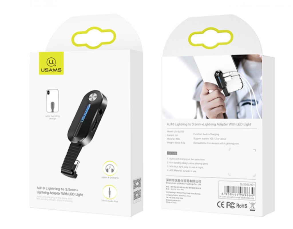 Usams SJ358LN01 Ligtning + Jack adapter LED világítással fekete (1343866)