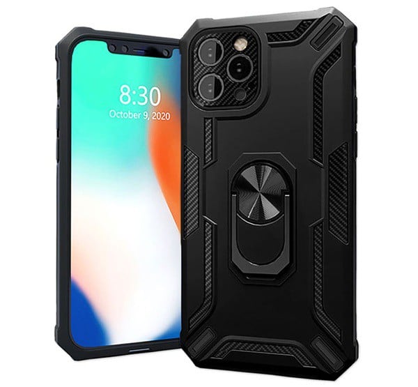 4-OK defender műanyag telefonvédő (közepesen ütésálló, szilikon belső, telefontartó gyűrű, beépített fémlemez) FEKETE [Apple iPhone 13 ...