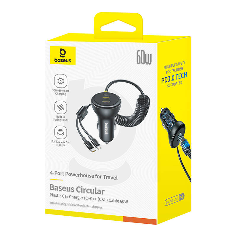 Baseus USB-C 60W autós töltő + Lightning kábel Fekete 