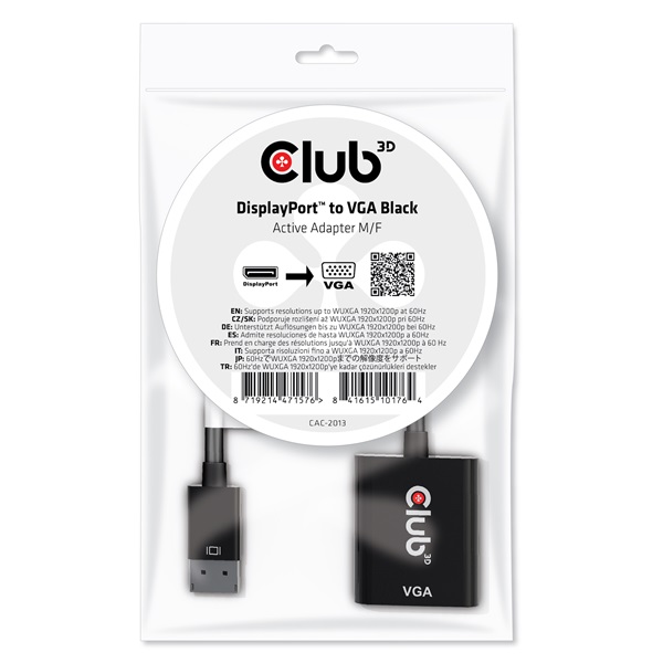 Club 3D CAC-2013  DisplayPort 1.1a to VGA   aktív  WUXGA 1920x1200 @60Hz Átalakító  Fekete