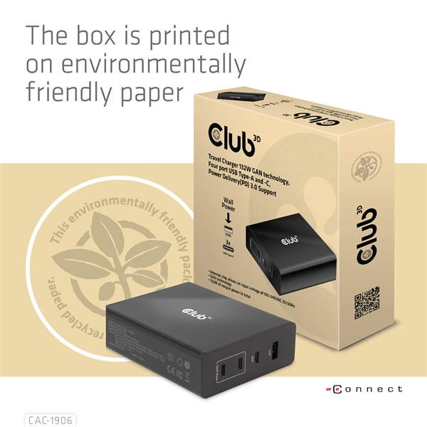 Club 3D  CAC-1906  132W GaN  2x USB-A  2x USB-C  PD3.0, 4 csatlakozó Hálózati Töltő 
