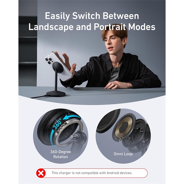 ANKER A25X1H11 MagGo 15W  iPhone-hoz   Vezeték Nélküli Töltő és Állvány Fekete