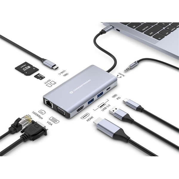 Conceptronic    DONN20G  USB-C to HDMI/VGA/USB-C PD/USB 3.0/SD/TF/GbE/AUX  Notebook Dokkoló