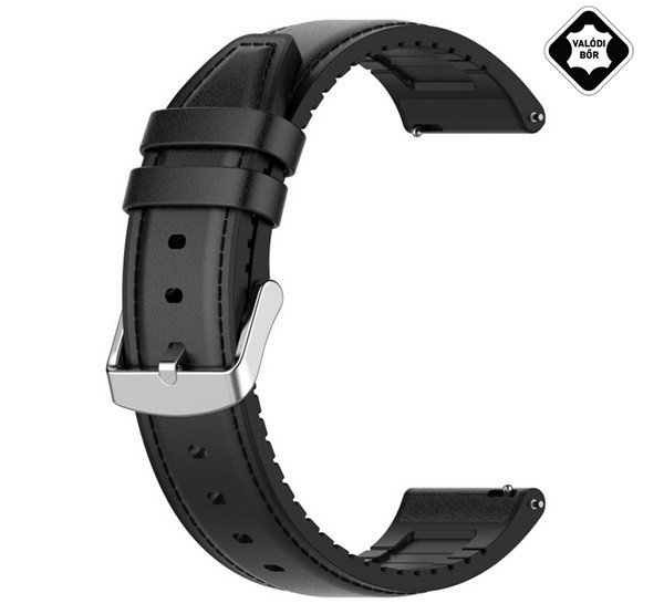 Pótszíj (univerzális, 22 mm, valódi bőr, szilikon belső) FEKETE [Honor Watch GS 3]