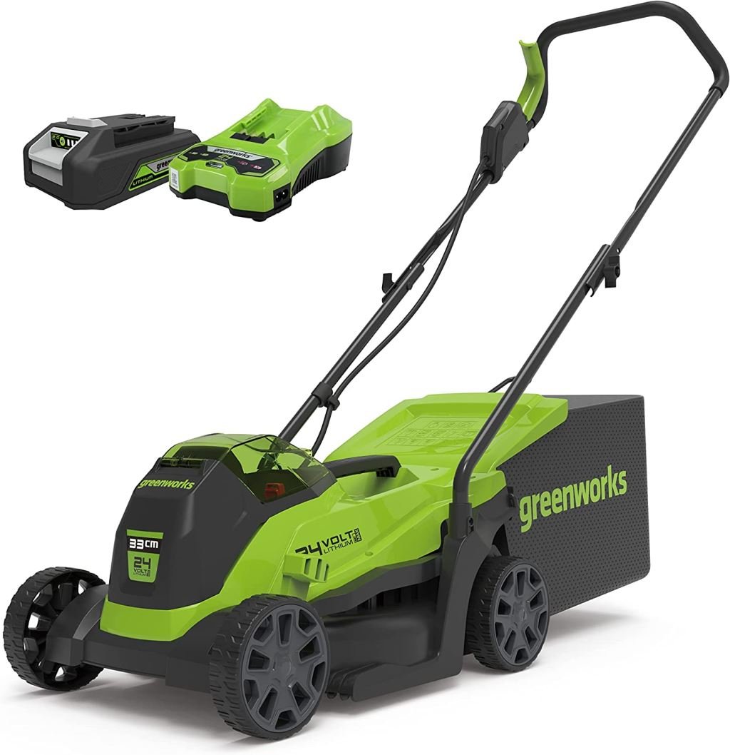 Greenworks GD24LM33K2 akkumulátoros fűnyíró, fűgyűjtős, 24V, 33 cm, akkuval és töltővel (2516107UA-GW)