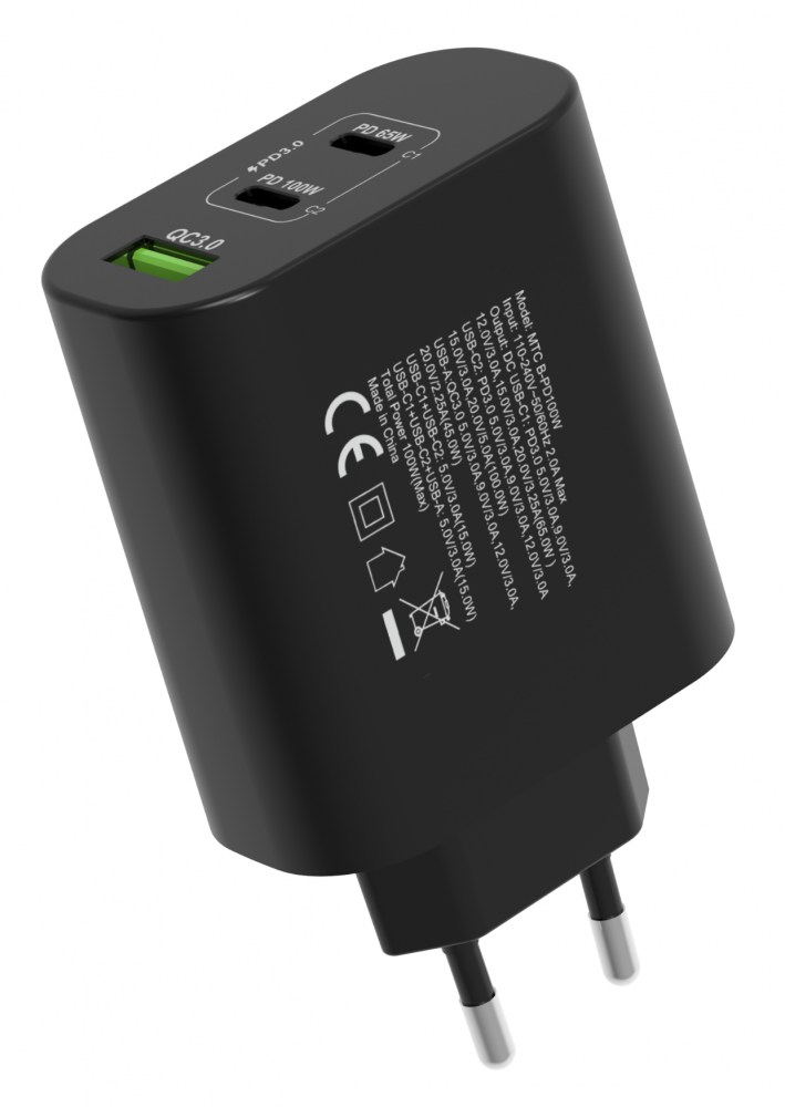 Hálózati gyorstöltő adapter 100W, Fekete