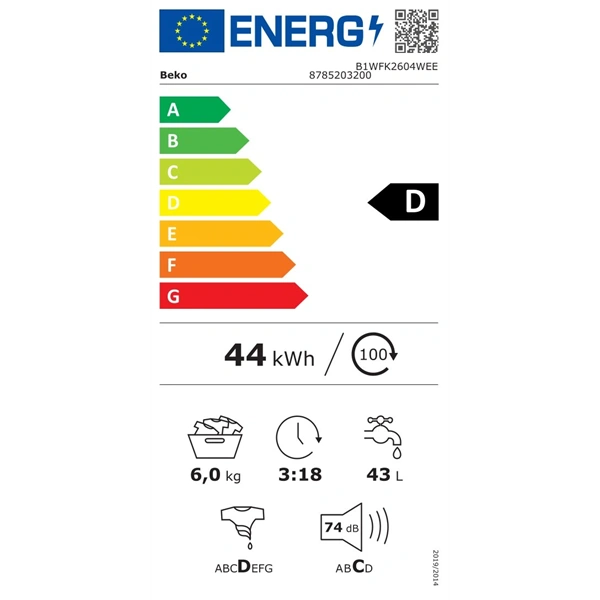 Beko B1WFK2604WEE Elöltöltős mosógép Fehér - 6 kg, 1000 ford./perc, D Energiaosztály