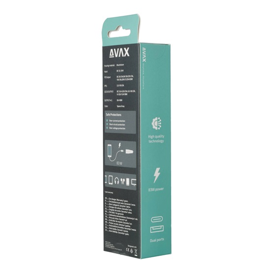  AVAX CC665B CARLY+ USB A + Type C 83W autós töltő fekete