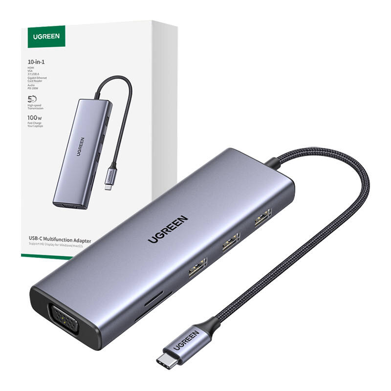 USB-C Hub Ugreen CM498, 3x USB 3.0, HDMI 4k 30Hz, VGA, RJ45, SD/TF, PD 100W (gray) USB-C Hub Ugreen CM498, 3x USB 3.0, HDMI 4k 30Hz, VGA, RJ45, SD/TF, PD 100W (gray)
