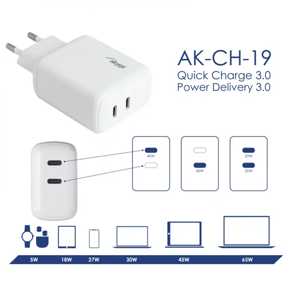Akyga USB Töltő 2x USB-C PD 5-12V / max. 3A 40W Quick Charge 3.0