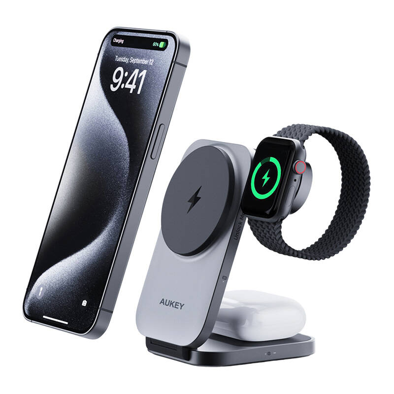 MagFusion Aukey LC-MC312, 15W Qi2  mágneses vezeték nélküli töltő 3 in 1 Szürke