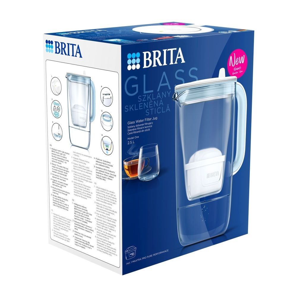 Brita Glass Jug üveg vízszűrő kancsó 2.5 liter világoskék (1050452) + 3db Maxtra Pro szűrő